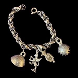 Vintage Silver Plated Brass Sarna Bracelet with Four Charms India.  7” c1970